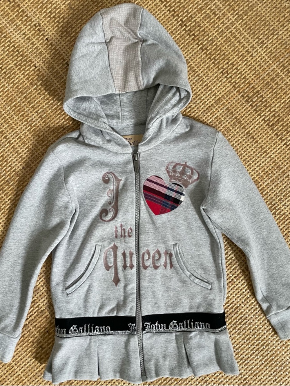 John Galliano Kids Gray Hooded Zip Sweatshirt with Red Plaid Heart